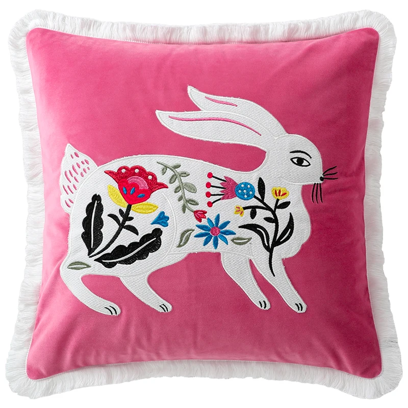 PinkVelvetPillowsWhiteFloraRabbitEmbroideryCushionCaseChic