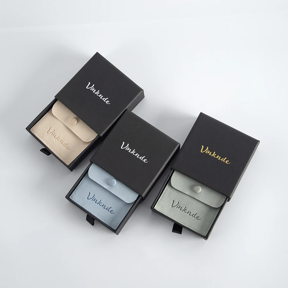 Small 8x8cm Microfiber Suede Gift Bag Snap Button Pouch 9x9x3.2cm Black Paper Drawer Box Earring Jewelry Packaging Organizer