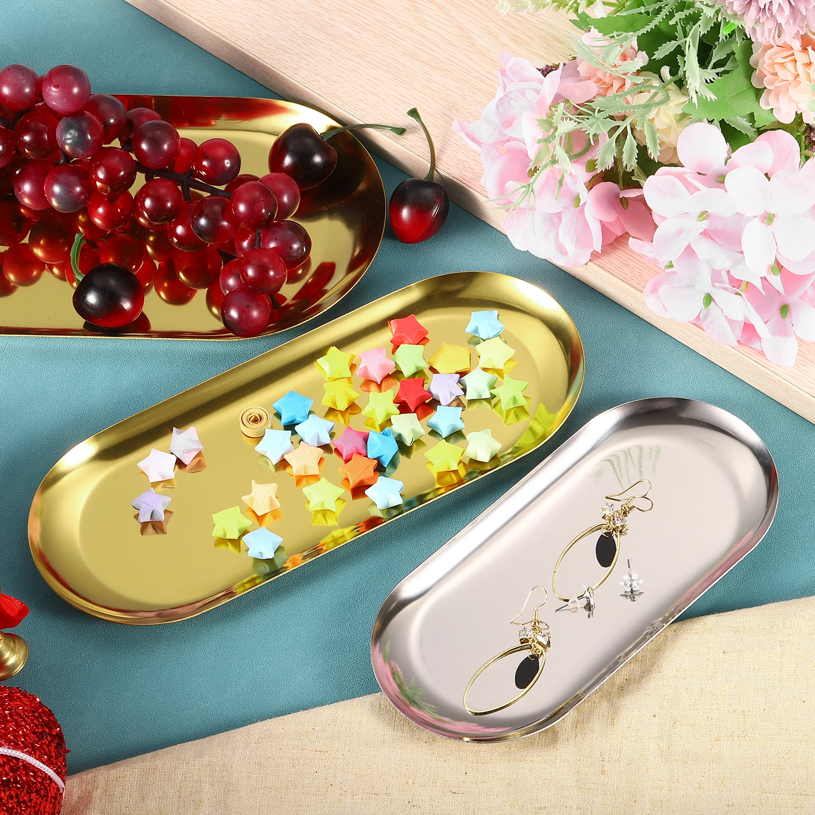 2/4/6pcs 9/12 Inch Stainless Steel Decorative Trays Gold Bathroom Cosmetic Trays 6