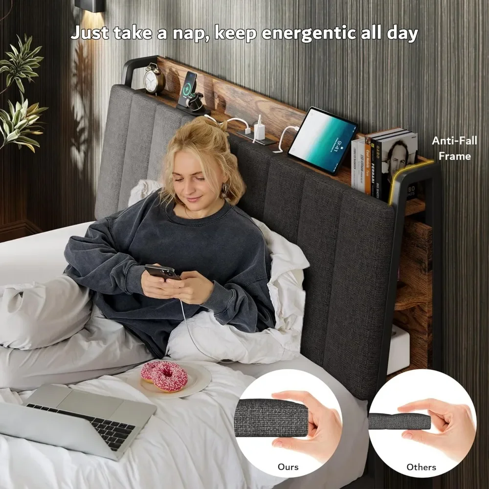 Bed Frame with 1 Hidden Drawer and 2 Drawers, Metal Heavy Duty Bed Frame with Upholstered Headboard and Multi-Port Charging 6