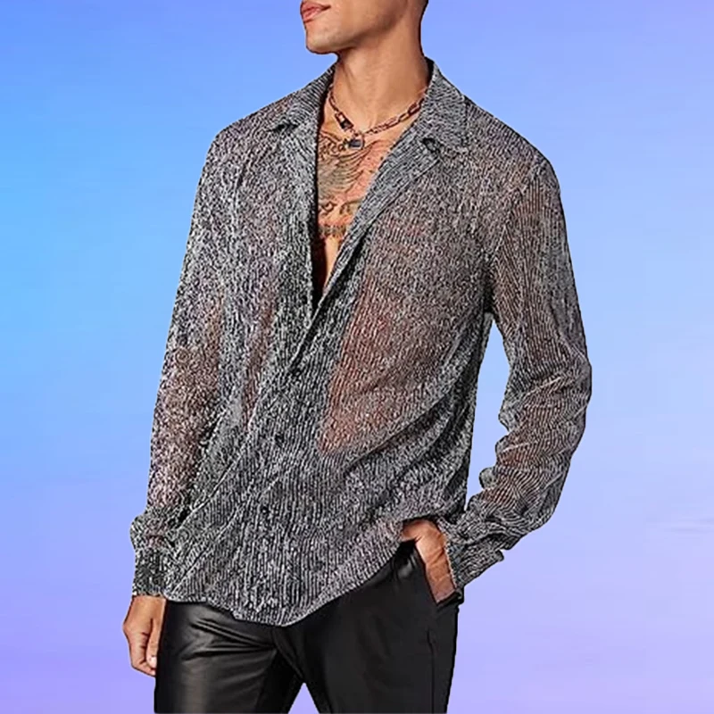 

Nightclub Clothing New Style Transparent Mesh Shirt 2024 Fashion Hollow Slim Polo Shirts Sexy Long Sleeve Tops Button Lapel Tee