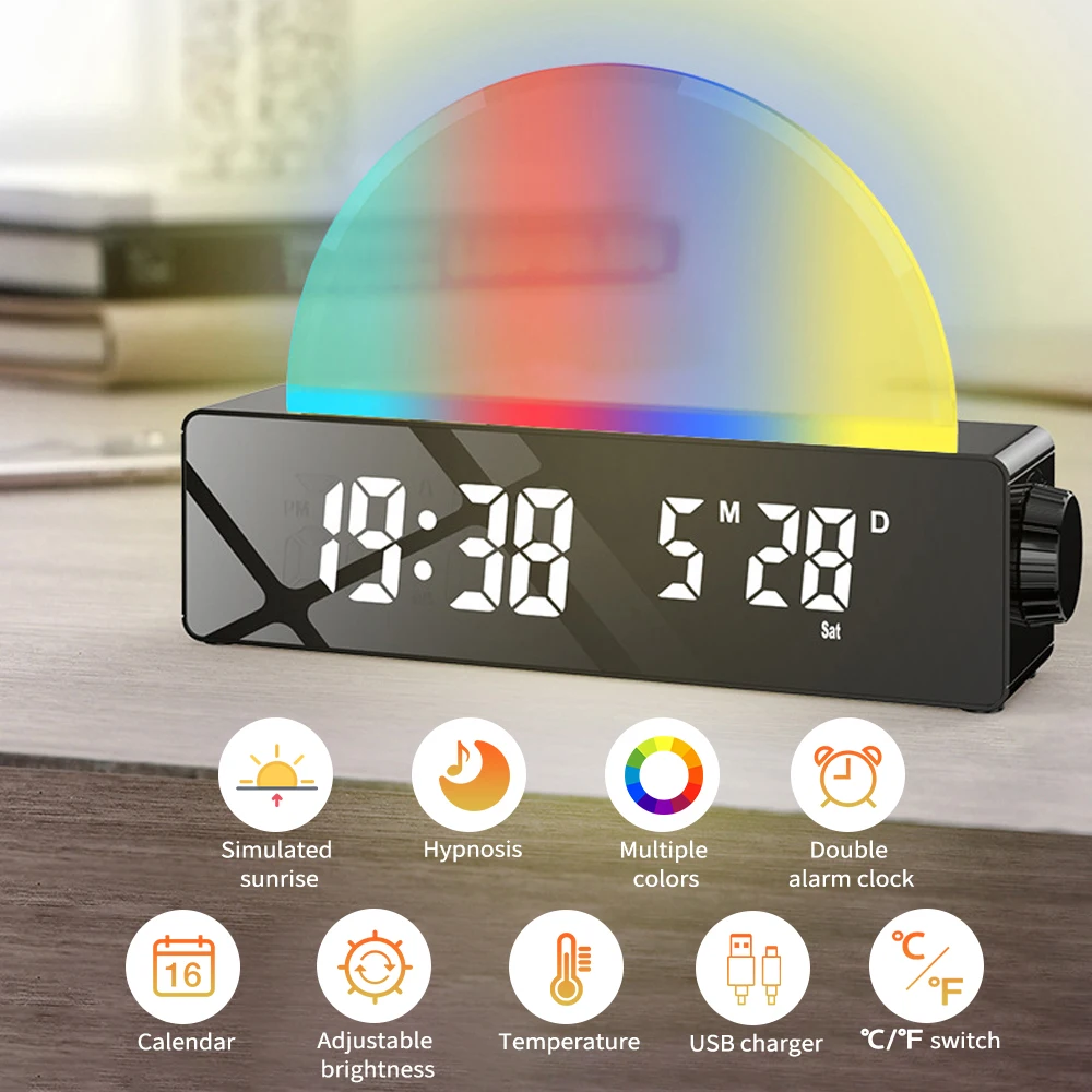 Lampe de Réveil, Réveil Lumineux avec Simulation de Lever du Soleil, Lampe  de Chevet Multicolore avec Chargeur USB, Aide au S