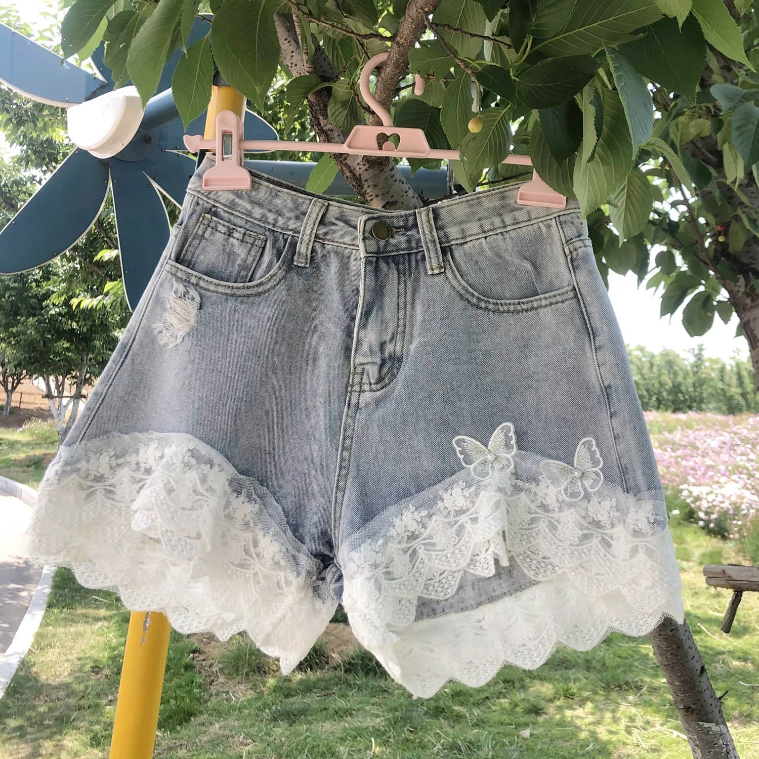 2023 Summer New Korean Style Sweet Short Pants Versatile Fashionable Slim Bow Lace Straight Denim Shorts for Students Women