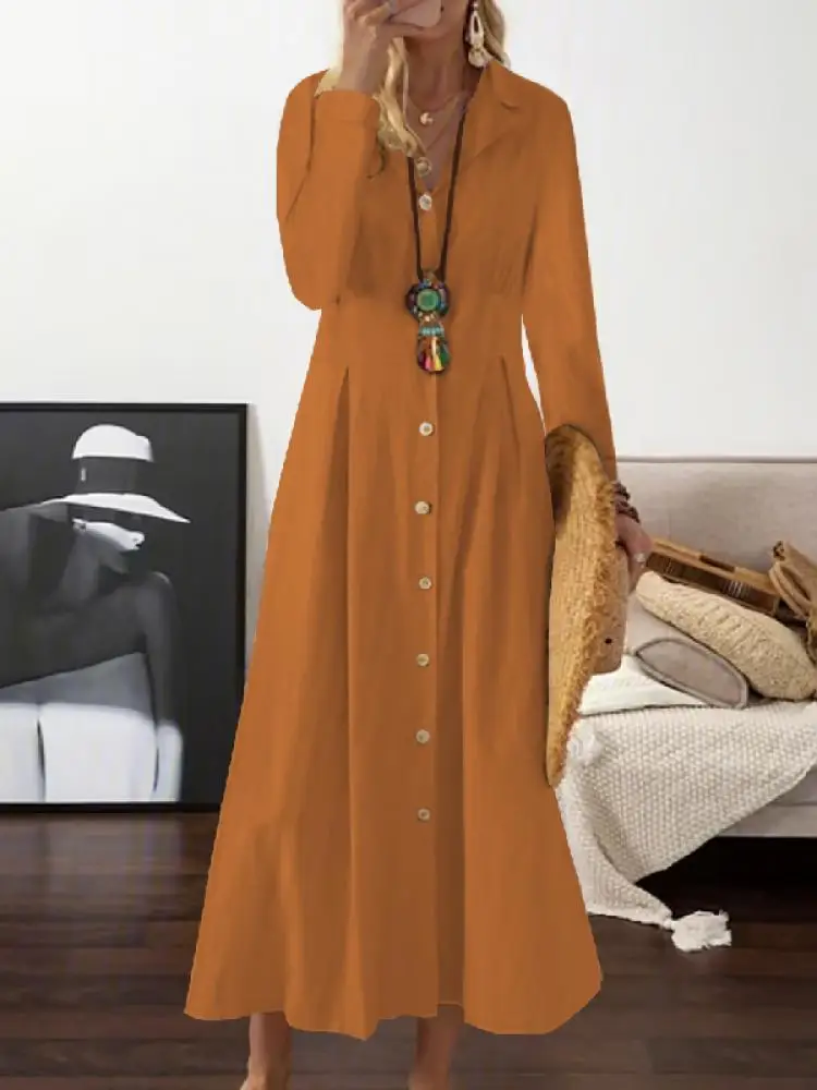 

Lemongor 2023 Spring Autumn Long Sleeves Lapel Pleated Shirt Dress Solid Color Loose Casual A-Line Midi Dresses For Women