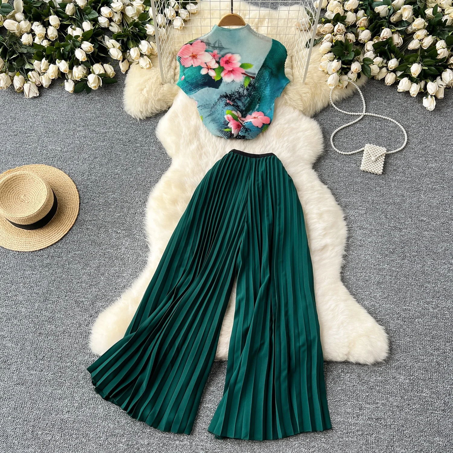 Clothland Women Elegant Print Blouse Pants Suit Short Sleeve Shirt Wide Leg Trousers Summer Chic Two Piece Set Mujer TA469