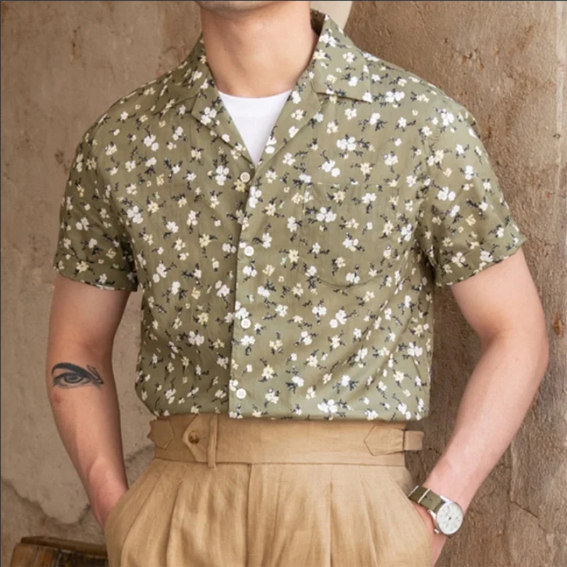 

Green Small Floral Pattern Shirt Vintage Holiday Beach Fresh and Breathable Cuban Neck Short Sleeve Shirt Italian Gentleman