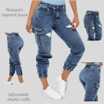 Y2k Jeans For Woman Blue Stretch Multi Pocket Cargo Pants Vintage Inspired Denim Trousers High Waist Loose Fit Street Style 1