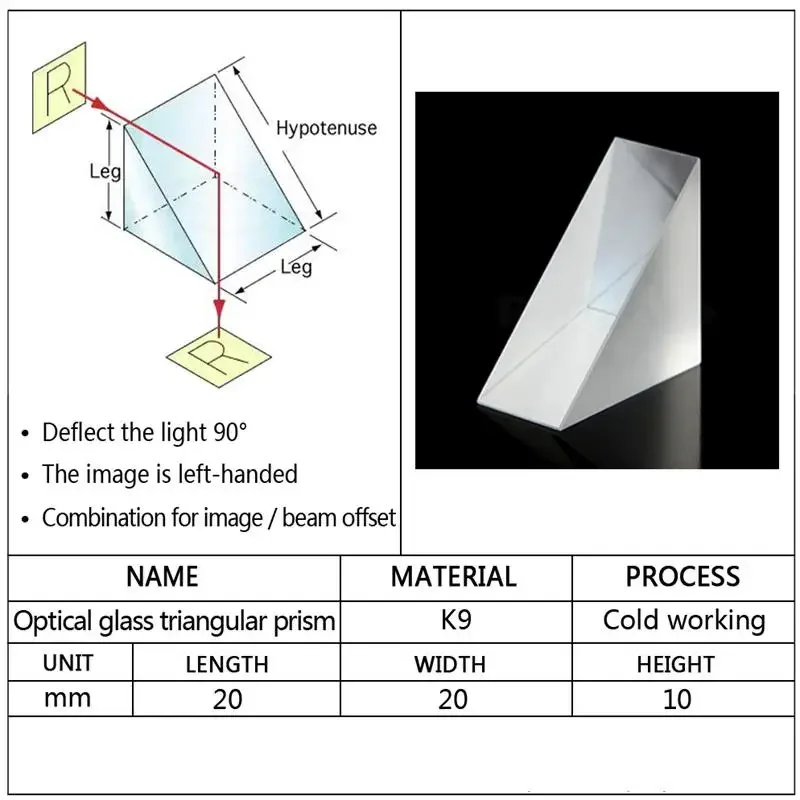 20x20x10mm Vetro Ottico Triangolare Lsosceles Ad Angolo Retto K9 Lente Prismatica Dello Spettro Della Luce Fisica Medicina - Image 4