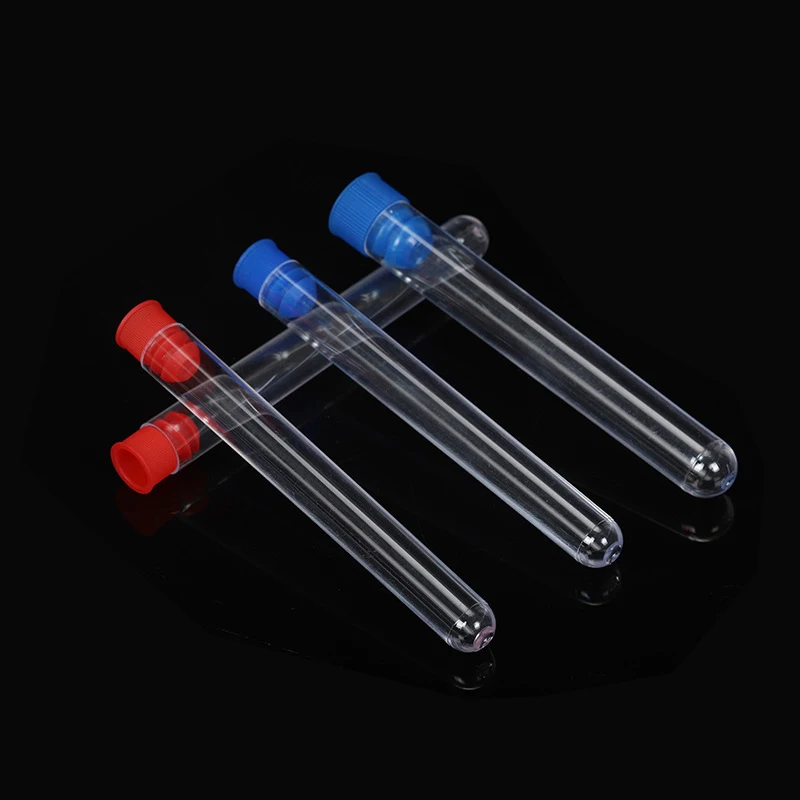Laboratory Transparent Test Tube 50pcs 13x100mm ( 8ml ) Clear PS Plastic Test Tubes Set With Blue Or Red Caps
