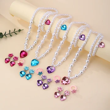 5Pcs Children's Pearl Jewelry Set Imitation Necklace Bracelet Earrings Ring Heart Pendant Christmas Gift for Girls 1