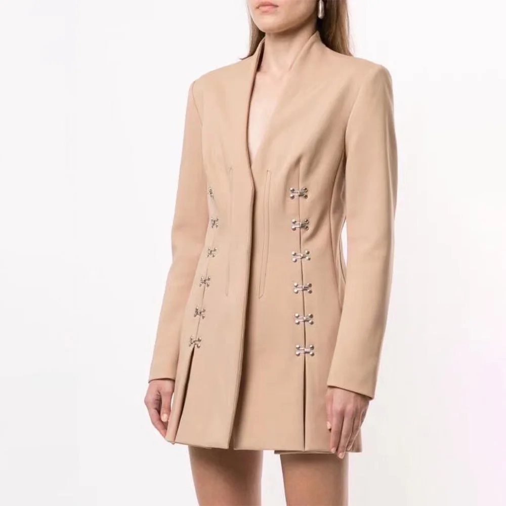 

Women Sexy Slim mini dress 2022 New V-neck Metal Studs Decoration A-line Short Suit Dress
