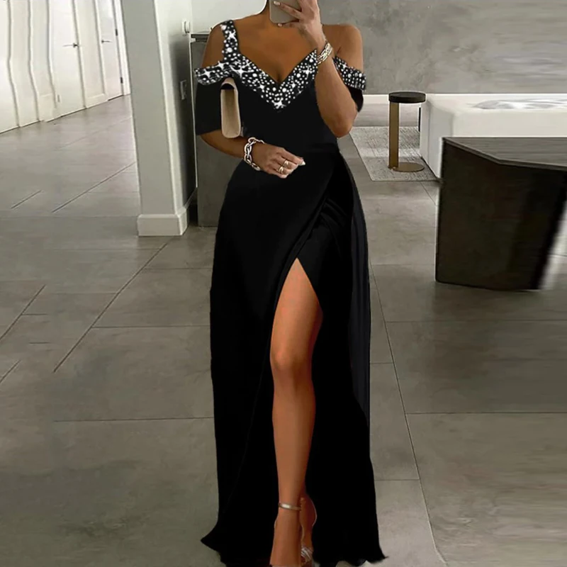 Vestido maxi con escote en V y hombros descubiertos con bolsillos Negro Tallas Grandes