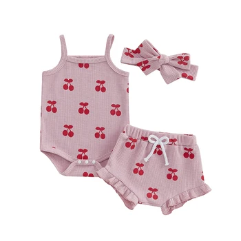 Completi per neonate senza maniche con stampa ciliegia, pagliaccetto, pantaloncini, pantaloni, fascia per capelli, set di vestiti estivi per neonata da 3 pezzi 1