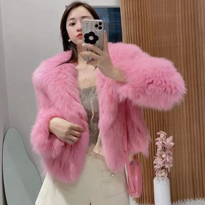 GETADME Faux Fox Fur Car Stripe Fur Coat For Women's Winter Lapel High-End Short Double-Sided Woolen Fashion Cardigan Thick Top Short