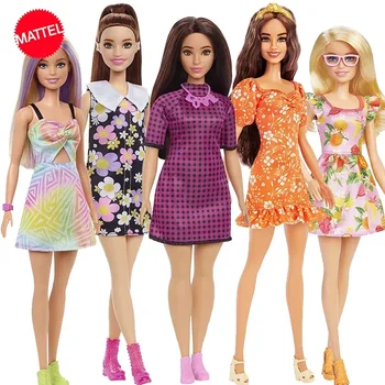 Original Mattel Barbie Fashionistas Doll Floral Dress with Sweet Casual Clothes and Accessories Toys for Girls Collection Gift