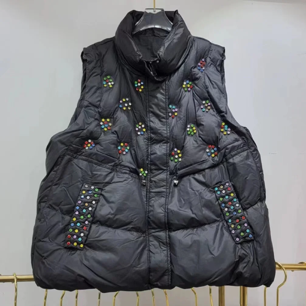 

2023 Autumn Winter New Fashion Stand Collar Rhinestone Down Cotton Vest Women Drawstring Warm Thick Black Sleeveless Vest Coat