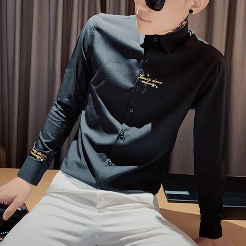 Spring Autumn Turn Down Collar Embroidery Slim Casual Blouse Male Long Sleeve Cardigan Shirt Homme All-match Bottoming Tops Men