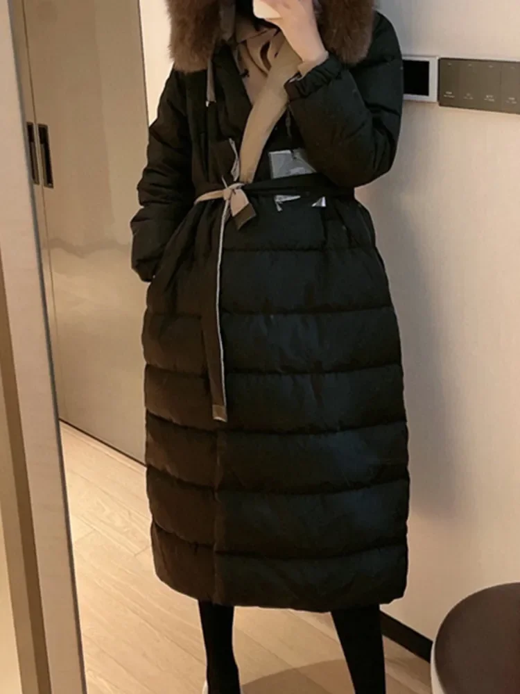 

Hooded Down Coat for Ladies 2023 New Lace-Up Reversible Design Fur Collar Loose Casual Mid-Length Jackets