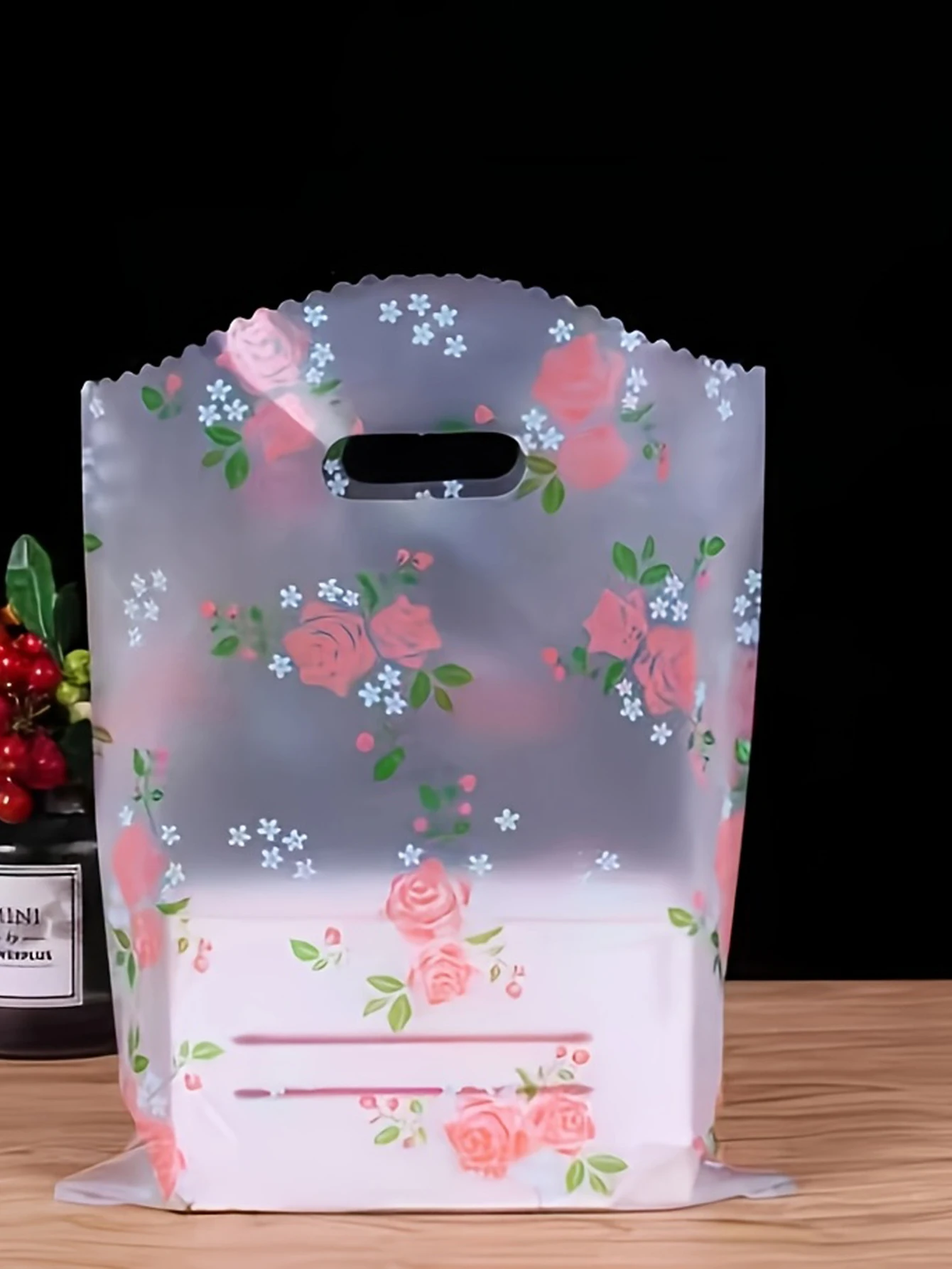 50 Stück Dankes-Geschenktüten mit Griff, Boutique-Verpackungsbeutel, Souvenir-Tasche, Kunststoff-Einkaufstasche mit Blumenmuster, Geburtstagsfeier, Hochzeit, Souvenir-Tasche – Detail 3