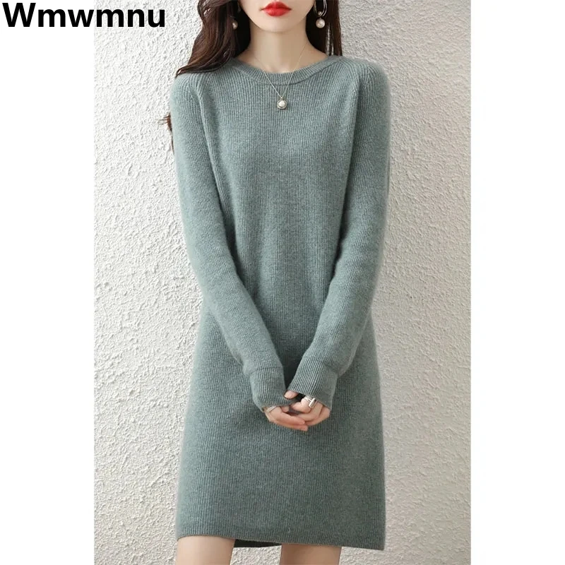 

O-neck Thicken Knitted Dress Warm Elegant Sweater Dresses Korean Autumn Winter Bottoming Vestidos Loose Plush Knitwear Robe
