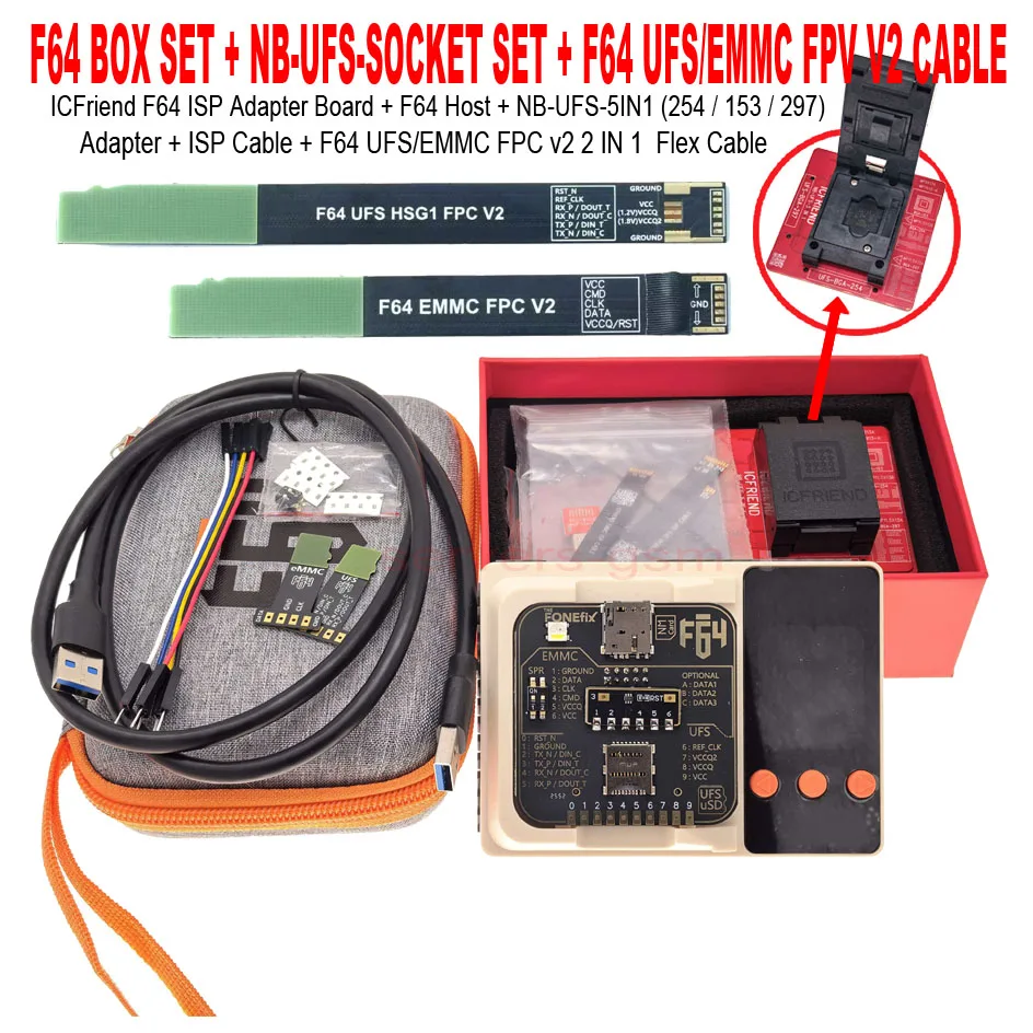 2026 NEW F64 Box Flash 64 Lite/ ICFriend F64 ISP 어댑터 보드+NB-UFS-5IN1 (254/153/297) 어댑터, UFS/EMMC FPC ISP Felx 케이블