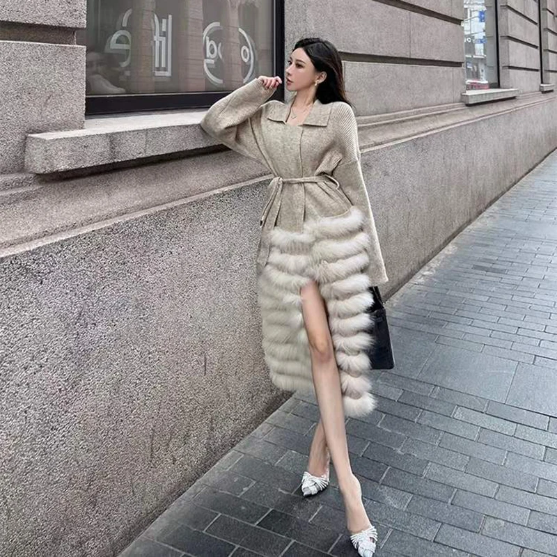 

rf23103 Women's Long Fur Cardigan Wiith Real Fox Fur Hem with Belt