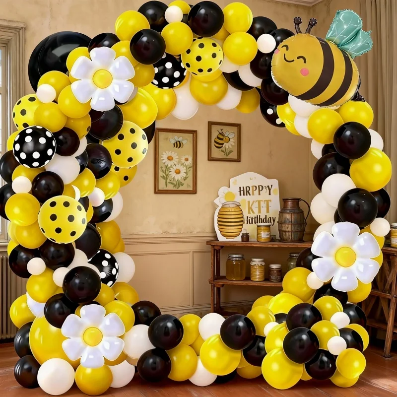 103-teiliges Geburtstags-Ballonbogen-Set mit Bienenthema – Gänseblümchen-Ballons mit schwarzen, gelben und weißen gepunkteten Ballons, Happy Birthday-Dekorationen, geeignet für den Frühling. Kindergeburtstagsparty-Zubehör – Detail 7