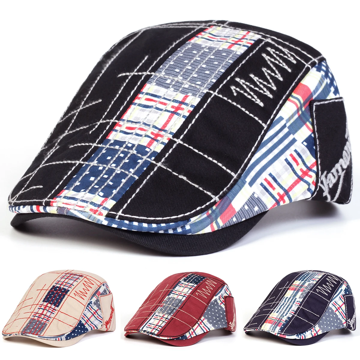 Unisex Bunte Stoff-Spleißmützen Britische Malermützen Frühling Herbst Achteckige Kappe Hip-Hop Baskenmützen – Detail 1