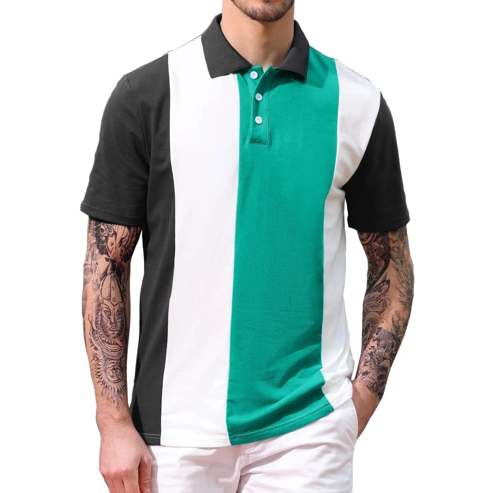 Men Polo Shirt Short Sleeve Lapel Polo Shirt Contrast Color Stripe