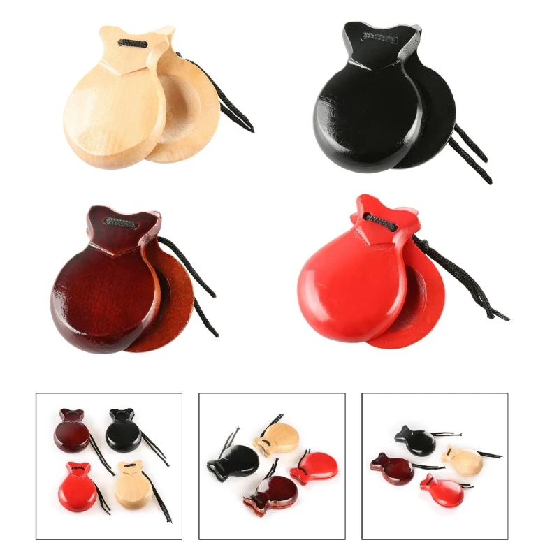 2 Pcs Traditional Flamenco Castanets Spanish Castanets with String Wooden Hand Percussion Music Instrument for Beginner