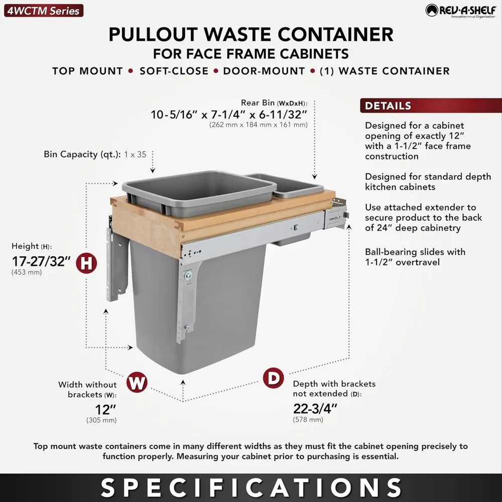 Rev-A-Shelf 35 Qt Pullout Under Cabinet Trash Can w/Soft-Close, Top Mount Garbage Bin for 12" x 1.5" Face Frame, Gray, 4WCTM-12B