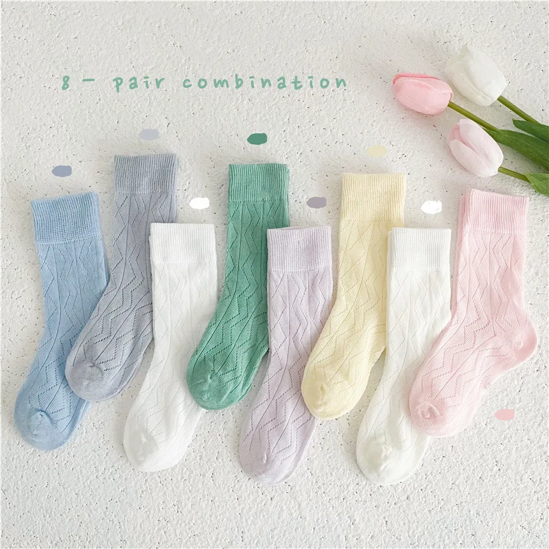 

2024 Spring Summer Baby Socks Boys Girls Solid Thin Socks 4 Pairs/lot Cotton Sock Hollow Crew Socks