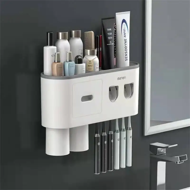 

Magnetic Adsorption Toothbrush Holder 4Cups Waterproof Storage Box Toothpaste Dispenser Wall Mounted Bathroom Accessories