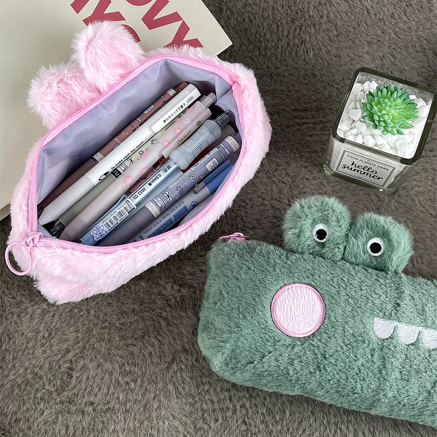 Cute Plush Bunny Pencil Storage Bag Cartoon Crocodile Animal Student Supplies Pencil Case Large Capacity Stationery Bag