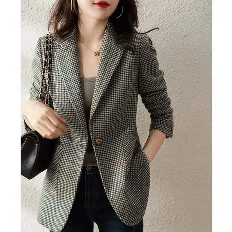 Elegant Lapel Button Spliced Pockets Houndstooth Blazer Women's Clothing 2023 Autumn New Casual Tops Loose Office Lady Blazers