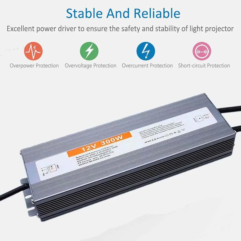Waterproof Outdoor LED Lighting Power Supply - IP67/IP68, 12V/24V, 10W to 300W