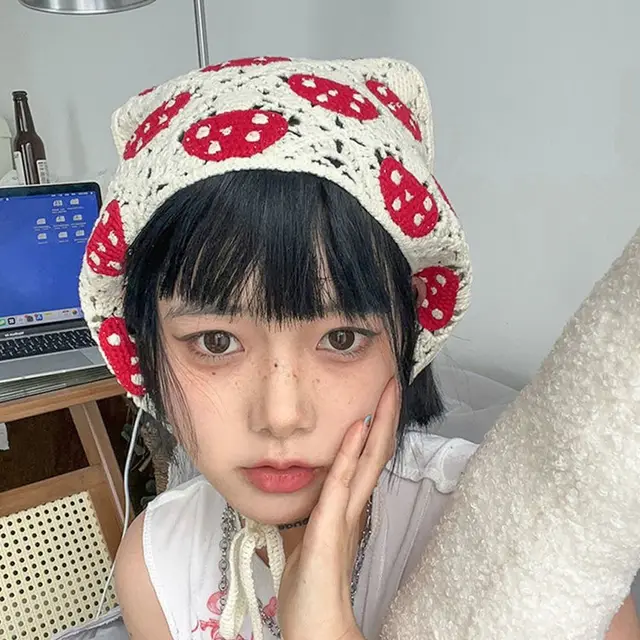キノコ型ニットの帽子、かわいいコットンホローヘッドバンド