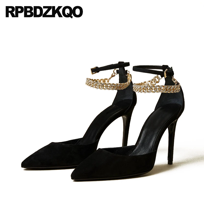

Thin Small Size Ankle Strap Extreme High 33 Pumps Shoes Chain Metal Plus Fetish Pointed Toe Heels Suede Crystal Women Rhinestone