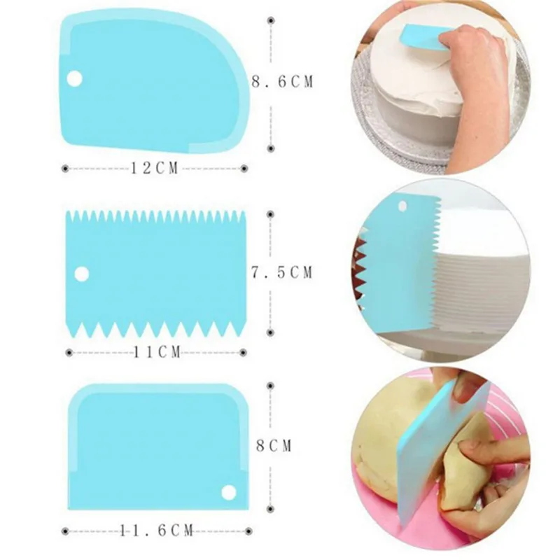 Cake Scraper 3Pcs Cream Scraper Suit DIY Kitchen Straight Arc Tooth Shape Cream Bread Cutter Plastic Cake Pasty Scraper Baking Fondant Tools