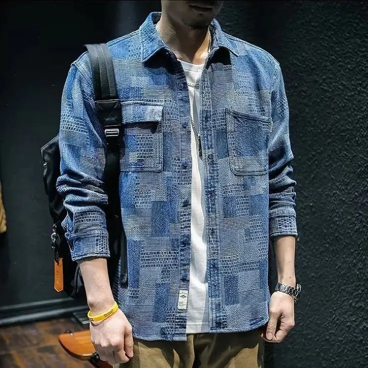 2024 Spring and Autumn New Japanese Denim Shirt Men's Long Sleeved Loose Trendy Casual Fashion Shirt Work Dress Pi Shuai Coat kakan new high street vintage yellow mud jeans for men pi shuai made old wash slim fit straight leg long jeans k24 ydn2073