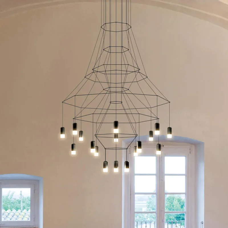 Nordic Creative Line Design LED Chandeliers Simple Modern Villa Long Hanging Wire Lamp Lighting for Hall Living Room Stairwell