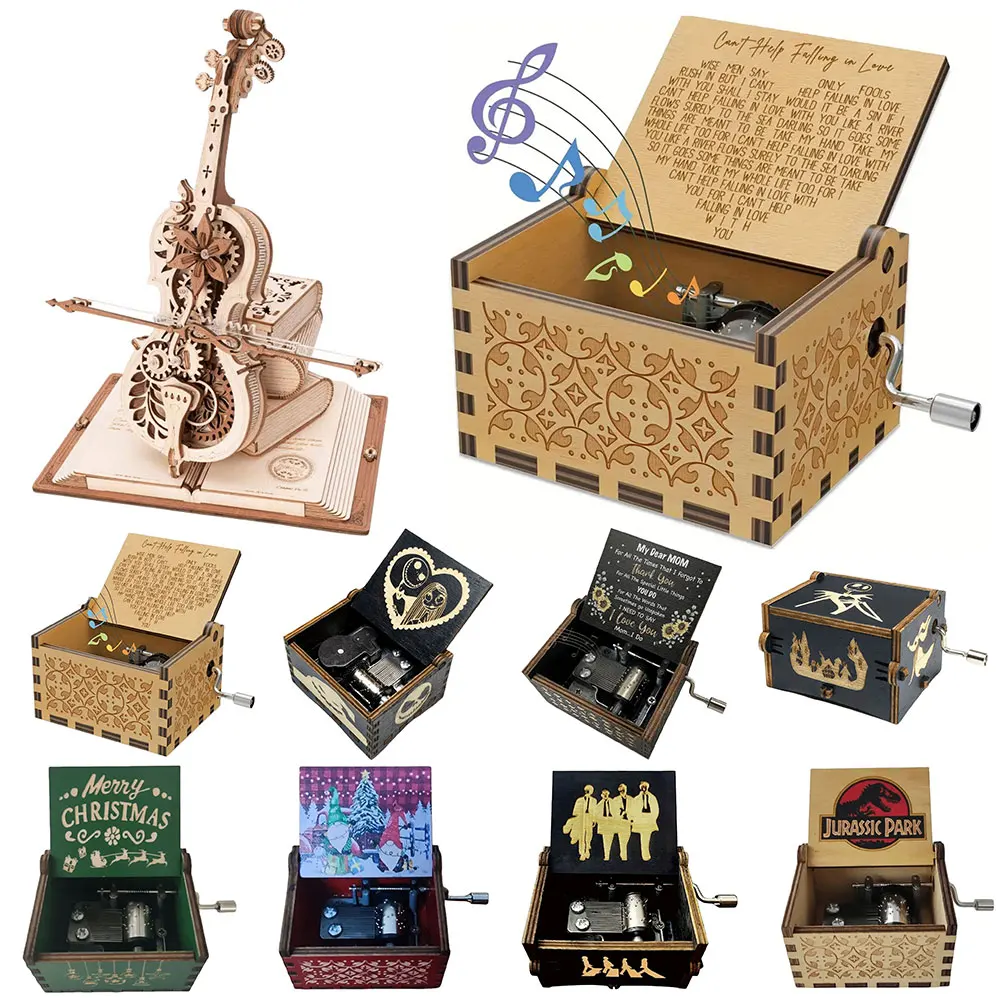 Hand Cranked Musical Box Wooden Vintage Musical Boxes Creative Engraved Music Boxes Children New Year Birthday Gift 2
