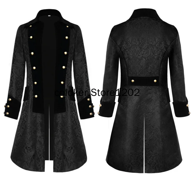 

Mens Victorian Long Black Jacket Gothic Steampunk Hooded Trench Coats Plus Size Medieval Cosplay Costume Halloween Party
