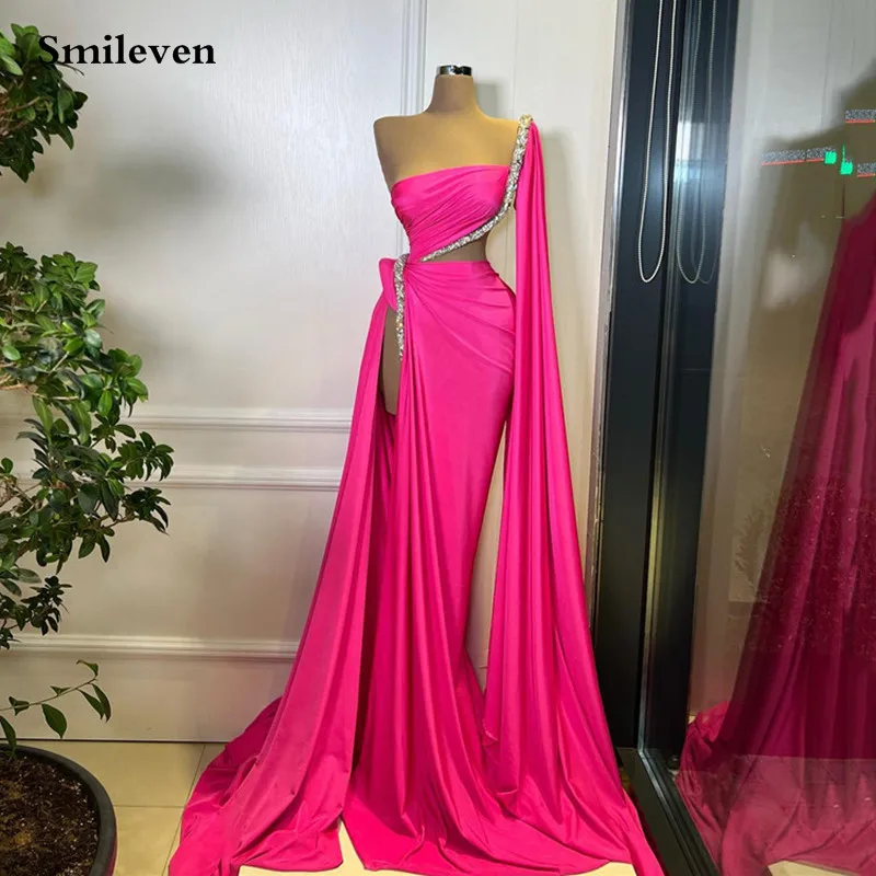 

Smileven Hot Pink Mermaid Evening Dresses Beading Saudi Arabia Corset Prom Party Dress With Shawl Side Split Cocktail Gowns 2023