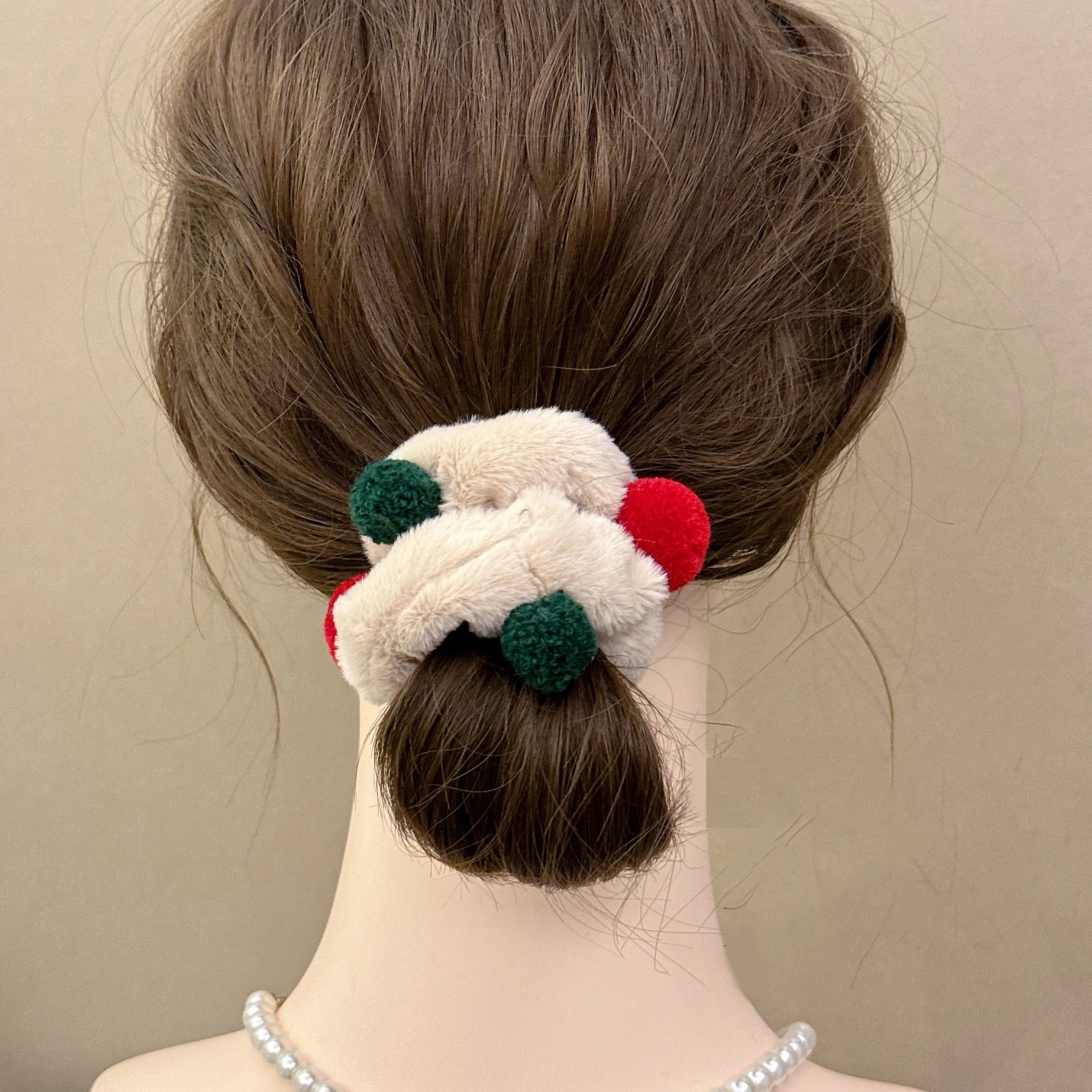 1PC Christmas Pom Pom Scrunchies - Plush Festive Hair Ties with Red Green Poms, Cute Holiday Hair Accessories for Women Girls