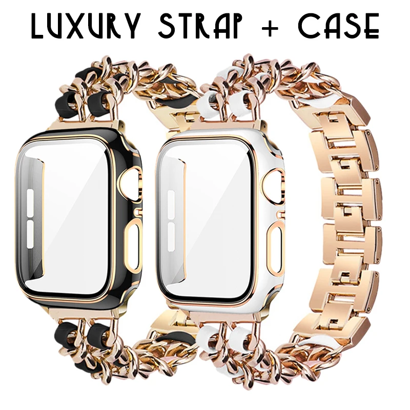 

【2-piece set】Strap+Case for Apple Watch 7 SE 6 5 4 Size 41mm 45mm 40 44mm 38 42mm Stainless steel chain with leather strap