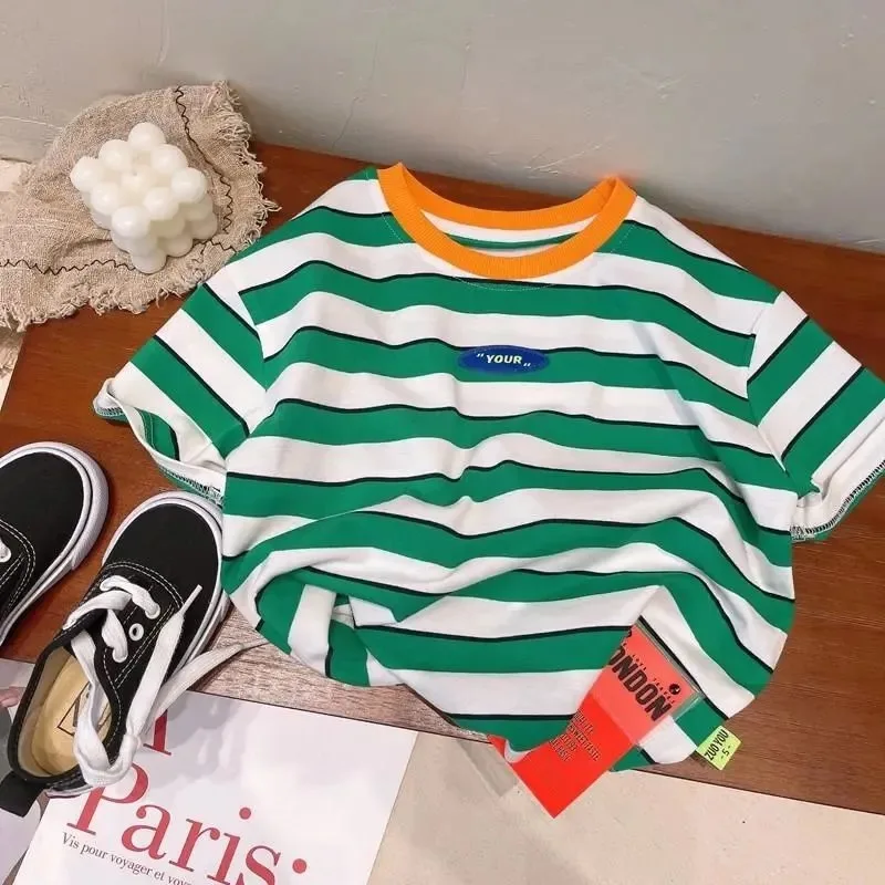 Summer Striped TShirt Fashion Casual Short-sleeved Tops Babies Cotton Thin Round Neck Tops Boys Toddler Cpstume Contrast Tees 2