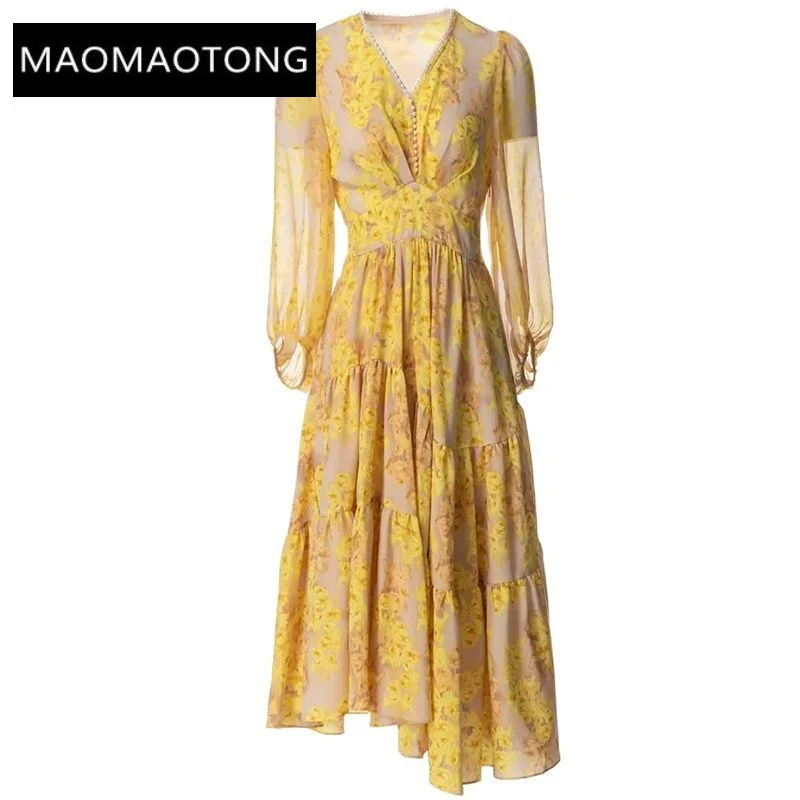 

Summer Dress Women V-Neck Lantern Sleeve Beading Flowers Print Bohemian Vacation Dresses For Women 2023 Runway Luxury Brand