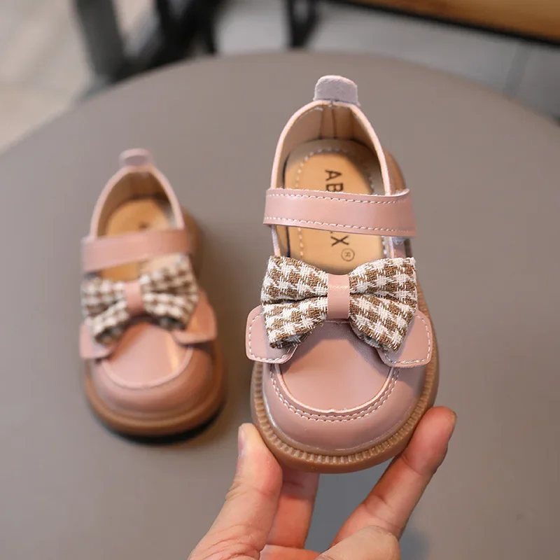 Children Leather Shoes Girl's Cute Houndstooth Bow-tie Shallow Shoes Baby's High-quality Casual Wedding Party Kids G04271