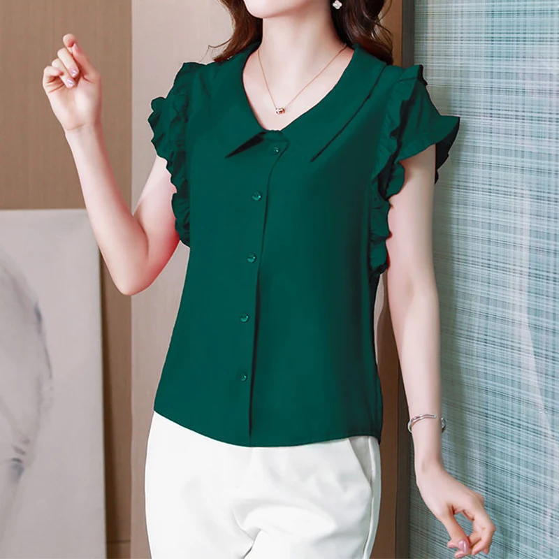 Elegant Fashion Solid Ruffles Buttons Chiffon Shirt Summer 2024 New Peter Pan Collar Short Sleeve Loose Blouse Women's Clothing